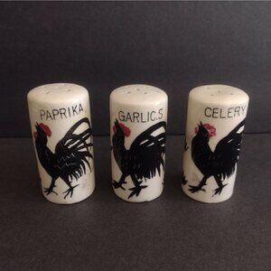 Vtg Rooster Chicken Spice Paprika Celery Garlic Salt Shakers Jars Black White